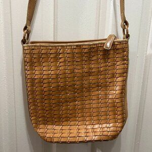 Vintage Fossil Leather Bucket Basket Weave Crossbody Purse Country Cottagecore